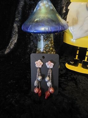Handmade Resin Floral Pink Earrings with Red Teardrop Accents